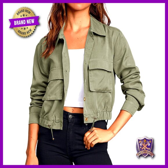 Women's Cropped Utility Jacket Lightweight Button Down with Pockets